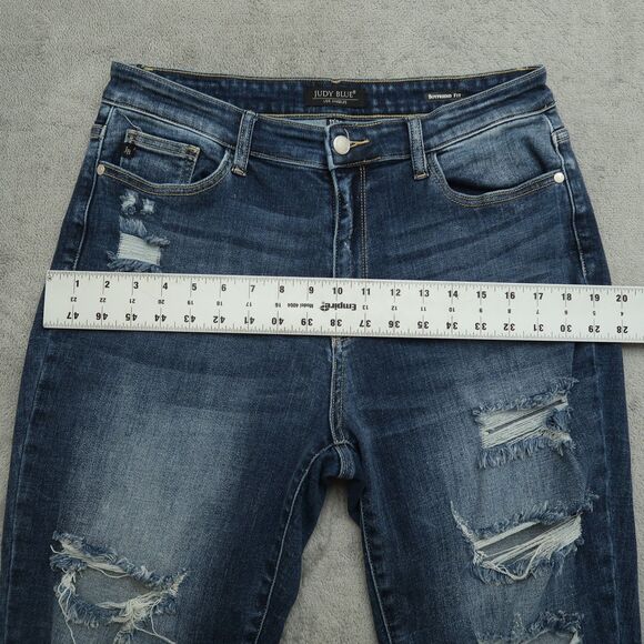 Judy Blue Jeans Juniors 11/30 Blue High-Rise Boyfriend Fit 27" Inseam Destroyed - Picture 7 of 16